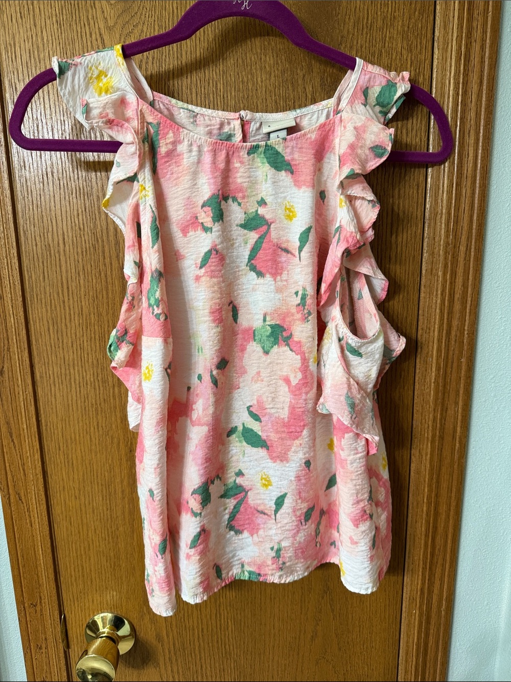 a new day Pink Floral Ruffle Sleeve Top with Green Accents